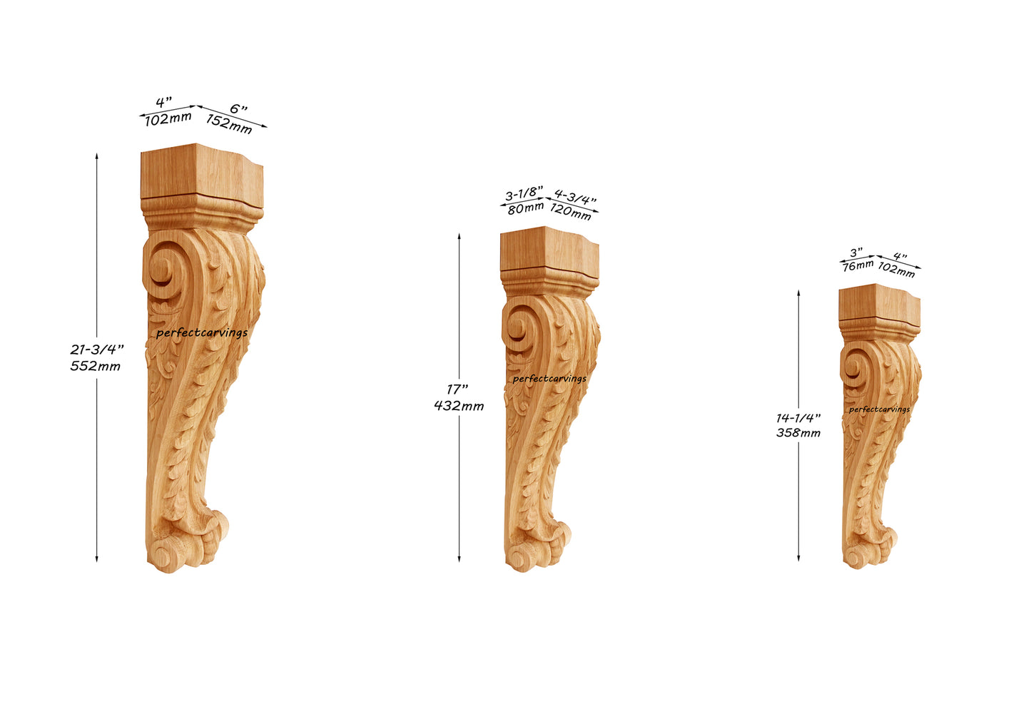 PAIR of Elegant Curved Leaf Carved Corbels, Available in 14-1/8", 17" & 21-3/4" High