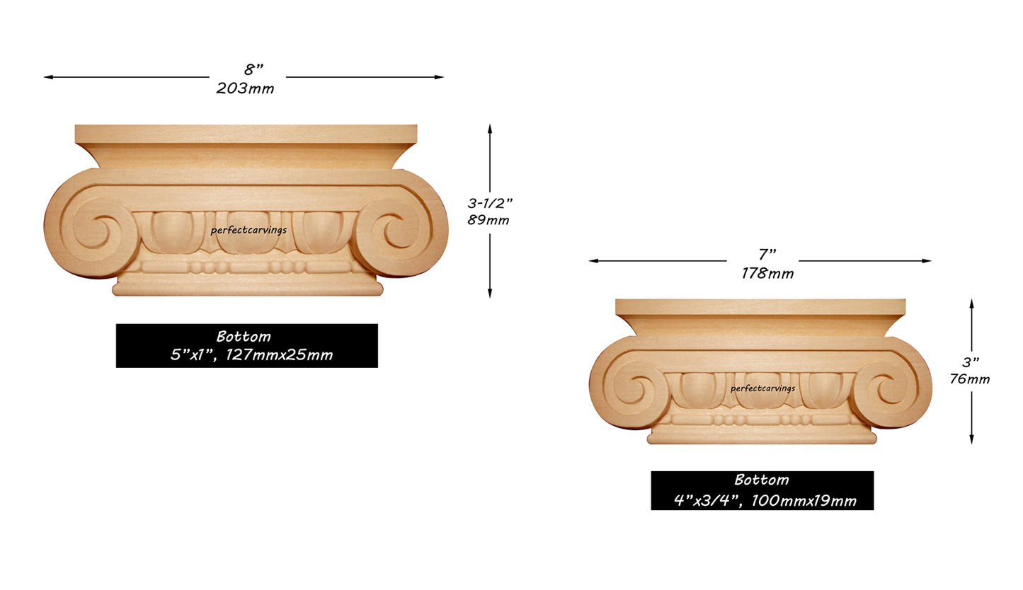 PAIR of Simple Ionic Capitals For 4" & 5" Wide Pilaster Columns