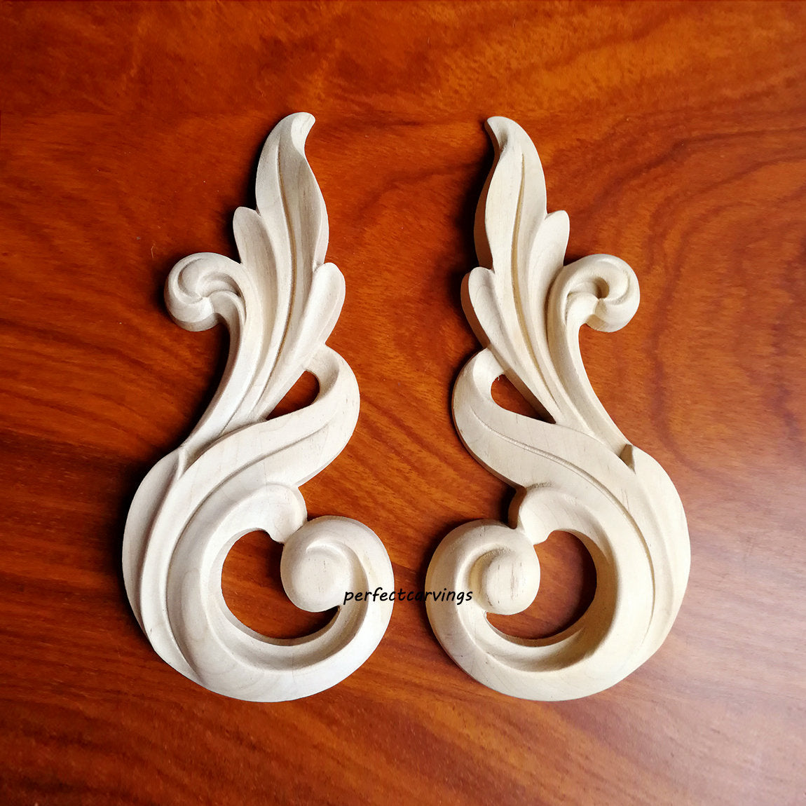 PAIR of Solid Wood Carved Scroll Leaf Onlays, 3